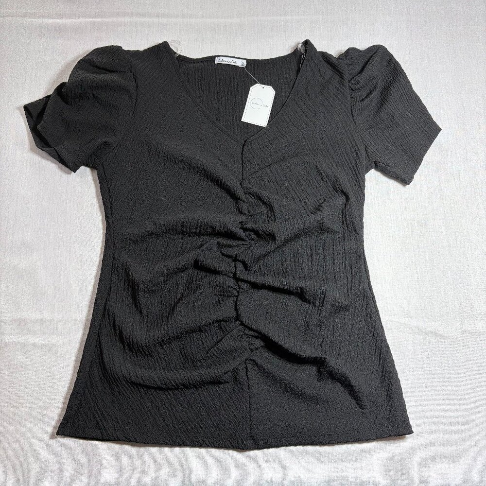 NWT Women's Culture Code Black V-neck Short-Sleeve Ruched Top Blouse Shirt XL